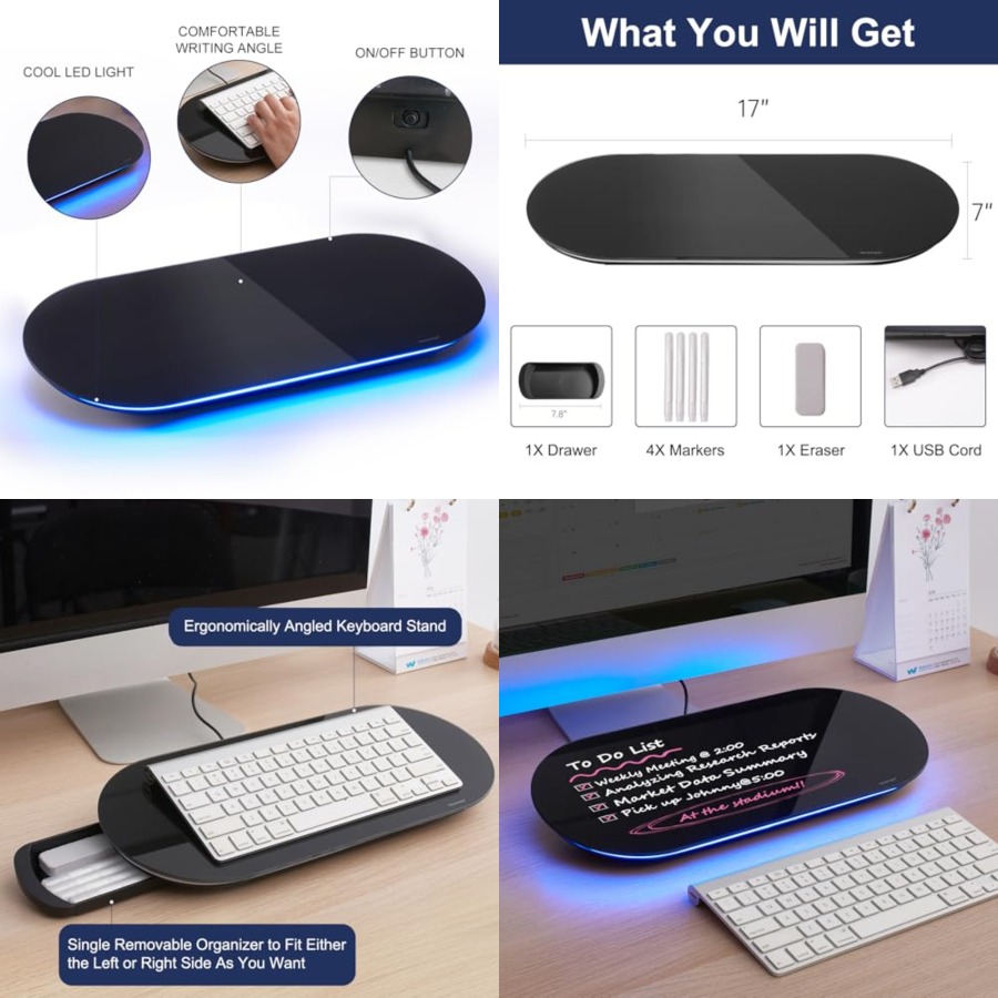 Desk Drawer Small - ガラス製デスクトップホワイトボード - 17 x 7インチ小型ドライイレースボード、ガラス製ホワイトボード表面メモ帳（引き出し1つ付き）、デスクオーガナイザー