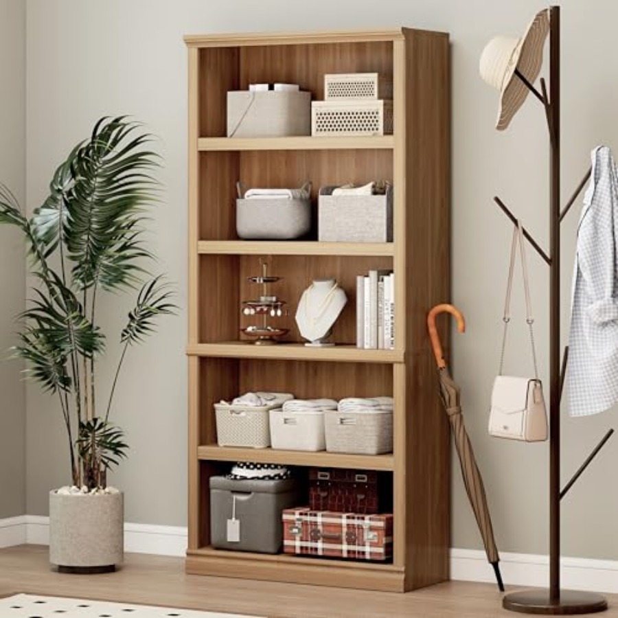 Home Office With Library - 高さ70インチのホワイトオーク製本棚、5段オープンシェルフ、自立型本棚、家庭、学校、図書館、オフィス、寝室、屋内用