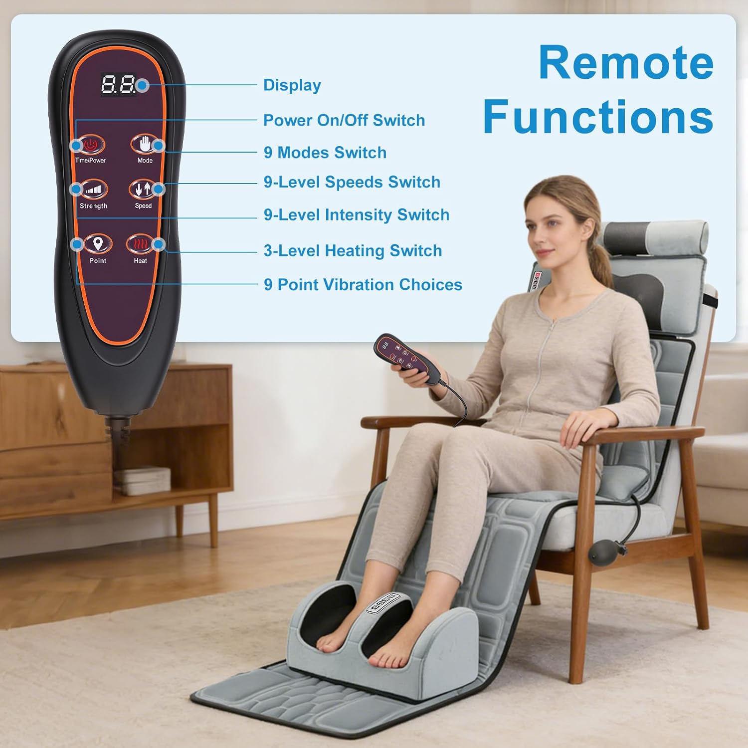 Home Office Head - ヒート機能付き全身マッサージマット、10個の振動ノードを備えたマッサージチェアパッド、3段階の加熱レベル、多機能全身リラクゼーションシートバックマッサージャー、ヘッドネックフットマッサージピロー付き、家庭やオフィス用