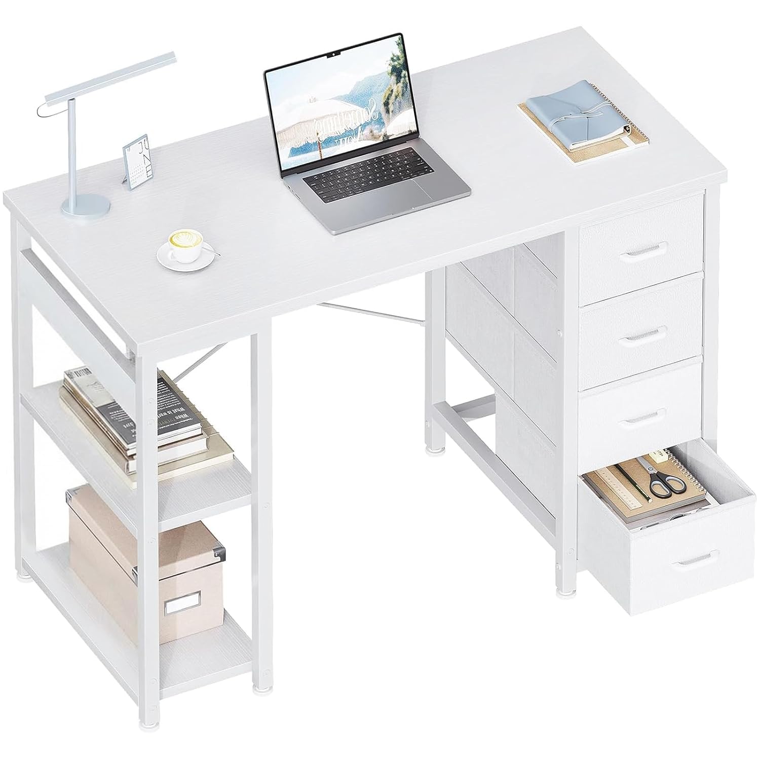 Desk Drawer Small - ホームオフィス用40インチ小型ホワイトコンピューターデスク、ファブリック製引き出し4つ付き、カスタマイズ可能