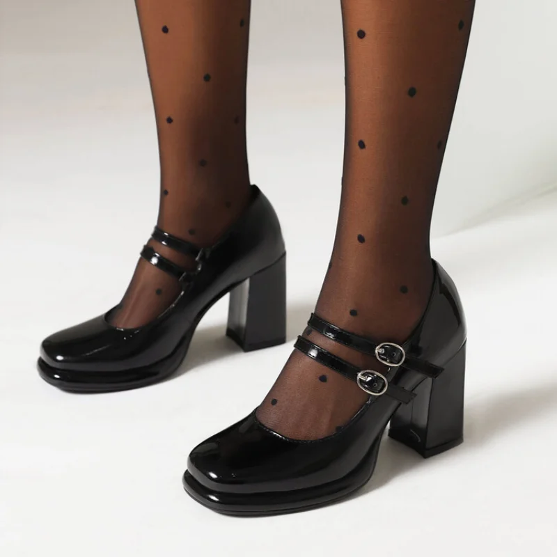 Home Office Head - 女性用パテントレザーパンプス,ダブルバックル,ラウンドヘッド,厚さ8cm,ブラック,ラージサイズ34-2024,新品