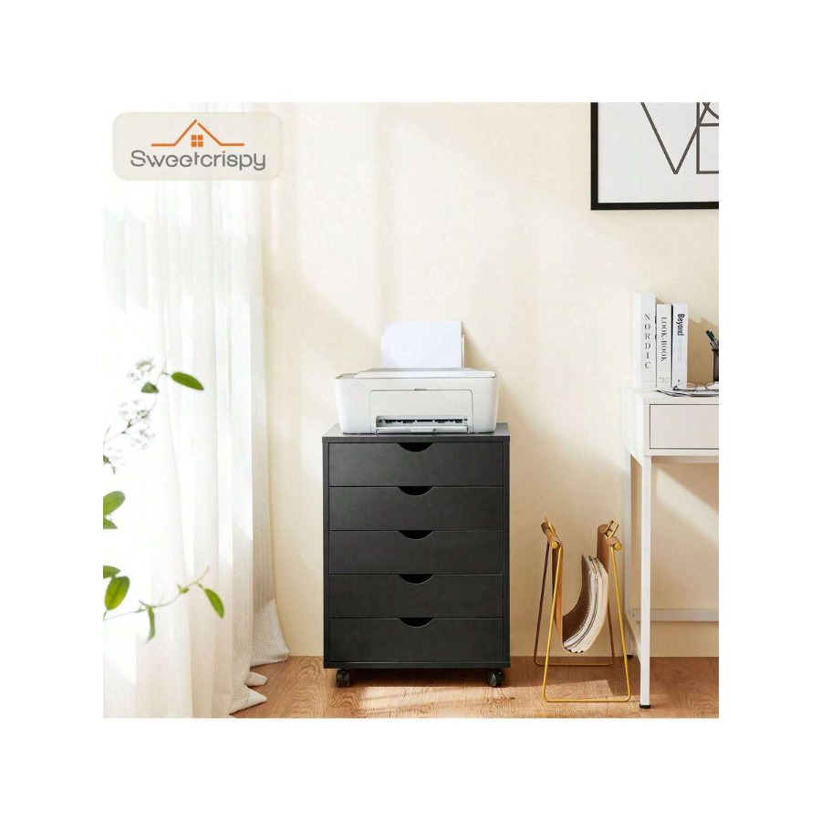 Home Office Desk With Drawers - スイートクリスピー 5段引き出しチェスト、木製収納ドレッサー ファイルキャビネットオーガナイザー、車輪付き、寝室やホームオフィスのデスク下に設置可能