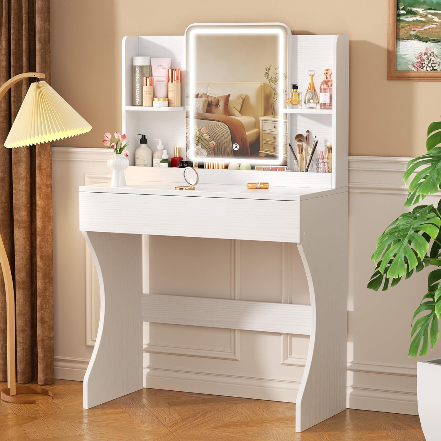 Desk Drawer Small - 白い小型化粧台、鏡、ライト、収納引き出し、2つの棚、3つのコンパートメント付き、寝室用
