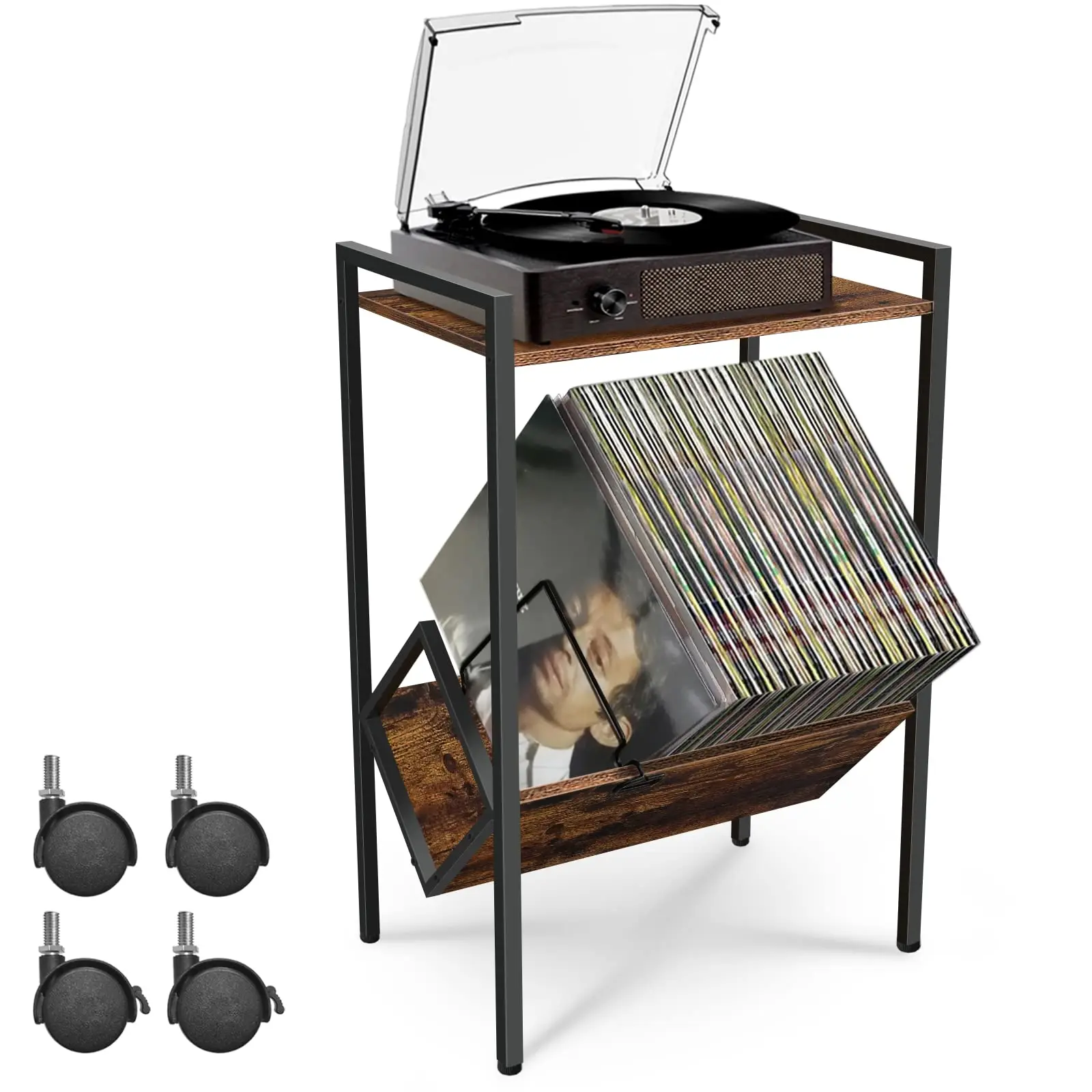 Home Office Of Amazon - テーブルナイトスタンド 最大80枚収納 メタル製 レコードプレーヤー台 リビングルーム 寝室