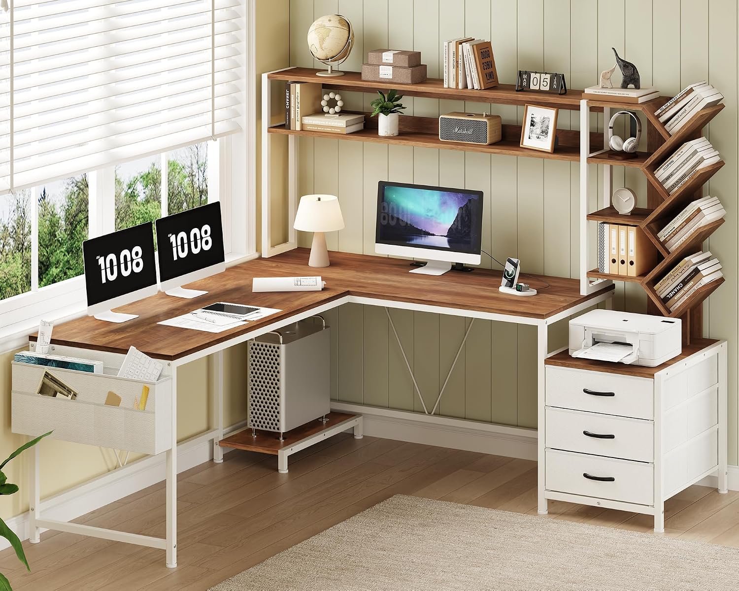 Home Office Desk With Drawers - 63インチ L字型デスク（本棚、引き出し、上段棚付き）ホームオフィス用 | 電源コンセント付きホームオフィスデスク、ブラウンホワイトのライティングデスク