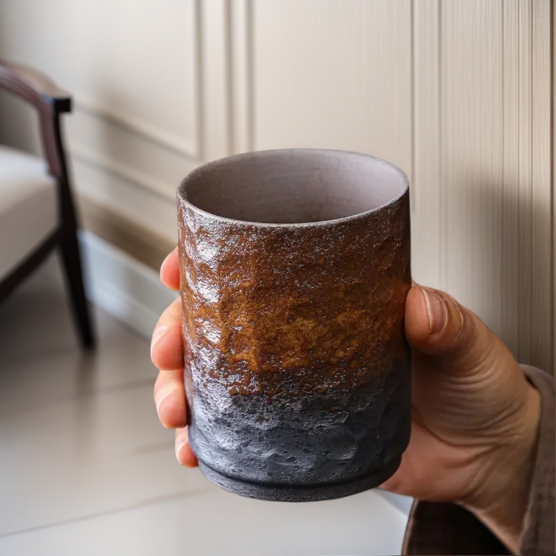 Home Office Design Ideas - ヴィンテージ手作り中国石器マグカップ - 家庭&オフィス用の大きな素朴なコーヒーカップ、ユニークなデザインのセラミックティーカップギフトアイデア