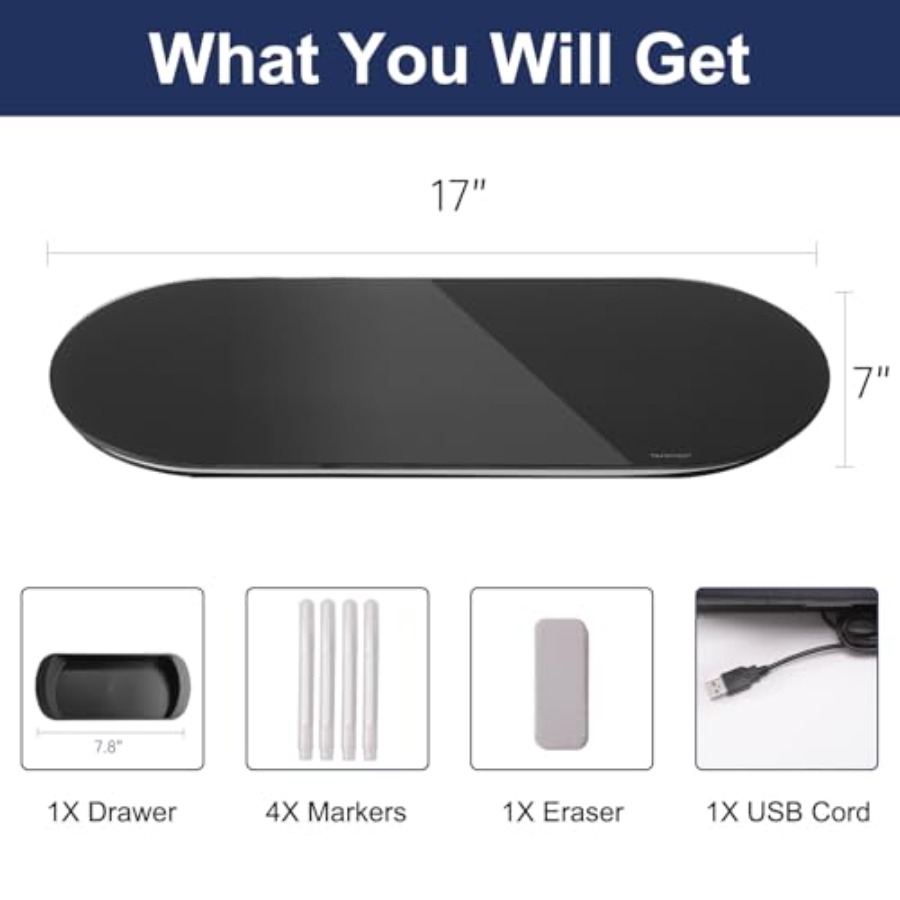 ガラス製デスクトップホワイトボード - 17 x 7インチ小 - Desk Drawer Small のレビューと価格