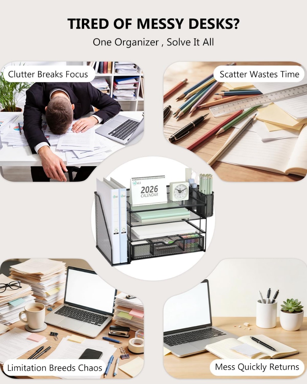 4段デスクトップファイルオーガナイザー、引き出しとペンホルダ - Home Office Desk With Drawers のレビューと価格