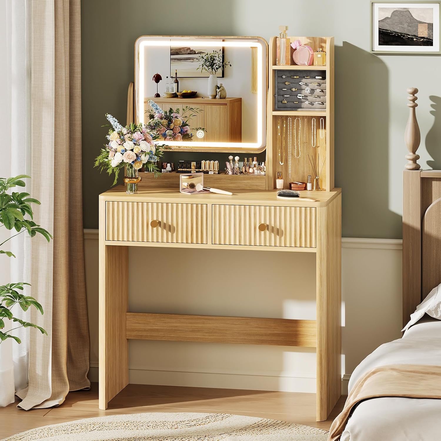 溝付きデザインの化粧台（鏡とライト付き）、2つの引き出しとジ - Desk Drawer Small のレビューと価格