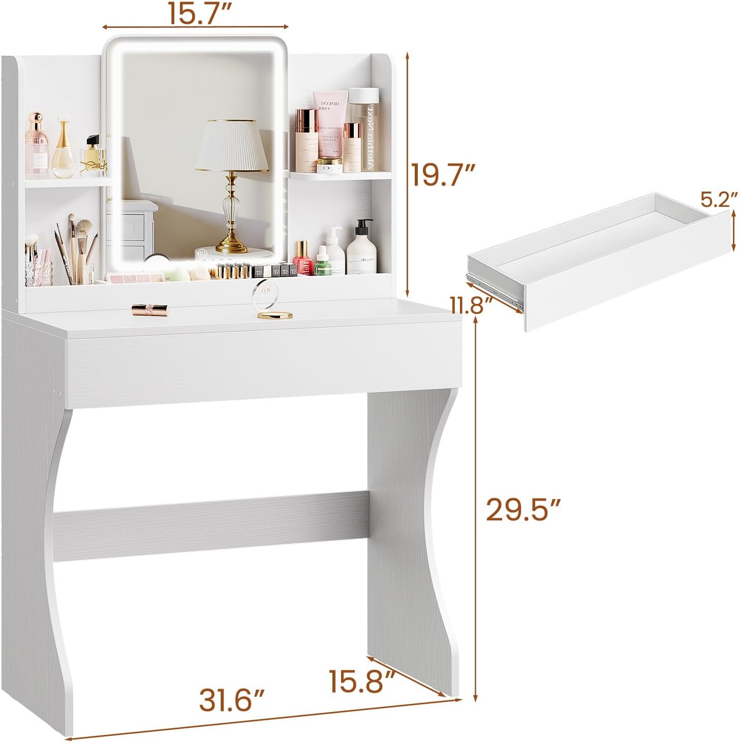 白い小型化粧台、鏡、ライト、収納引き出し、2つの棚、3つのコ - Desk Drawer Small のレビューと価格