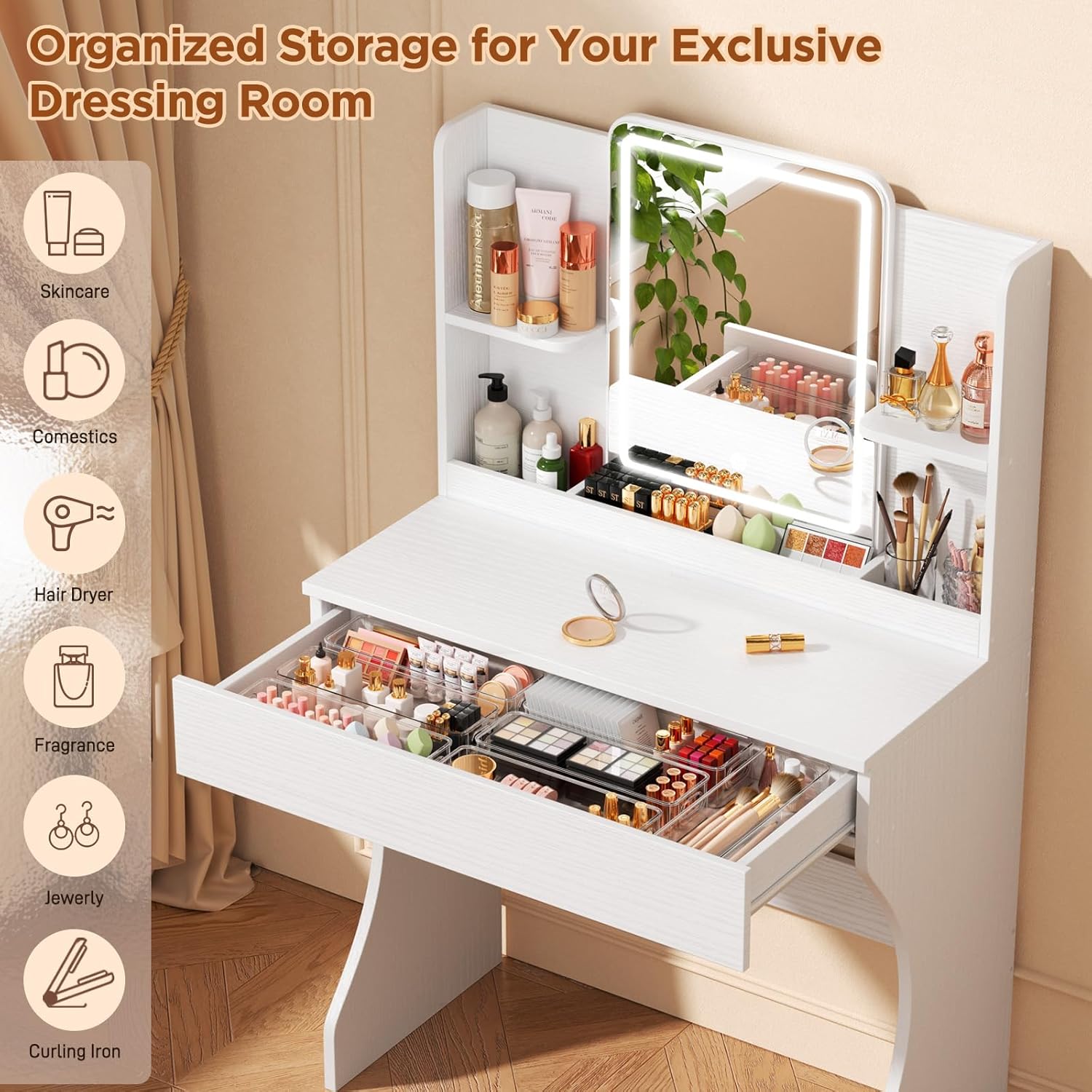白い小型化粧台、鏡、ライト、収納引き出し、2つの棚、3つのコ - Desk Drawer Small のレビューと価格