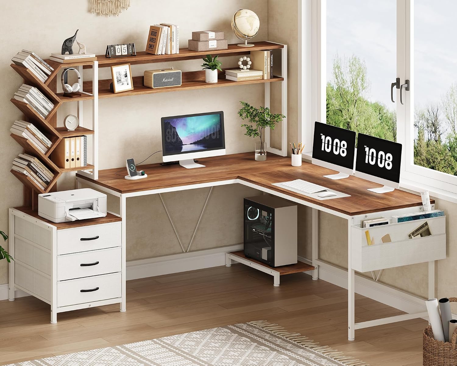 63インチ L字型デスク（本棚、引き出し、上段棚付き）ホーム - Home Office Desk With Drawers のレビューと価格