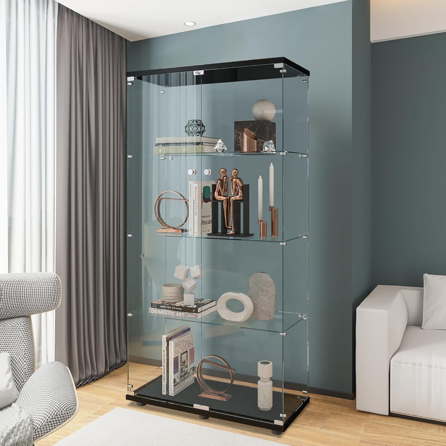 ガラス製ディスプレイキャビネット、棚4段、扉2枚付き、リビン - Home Office Living Room のレビューと価格