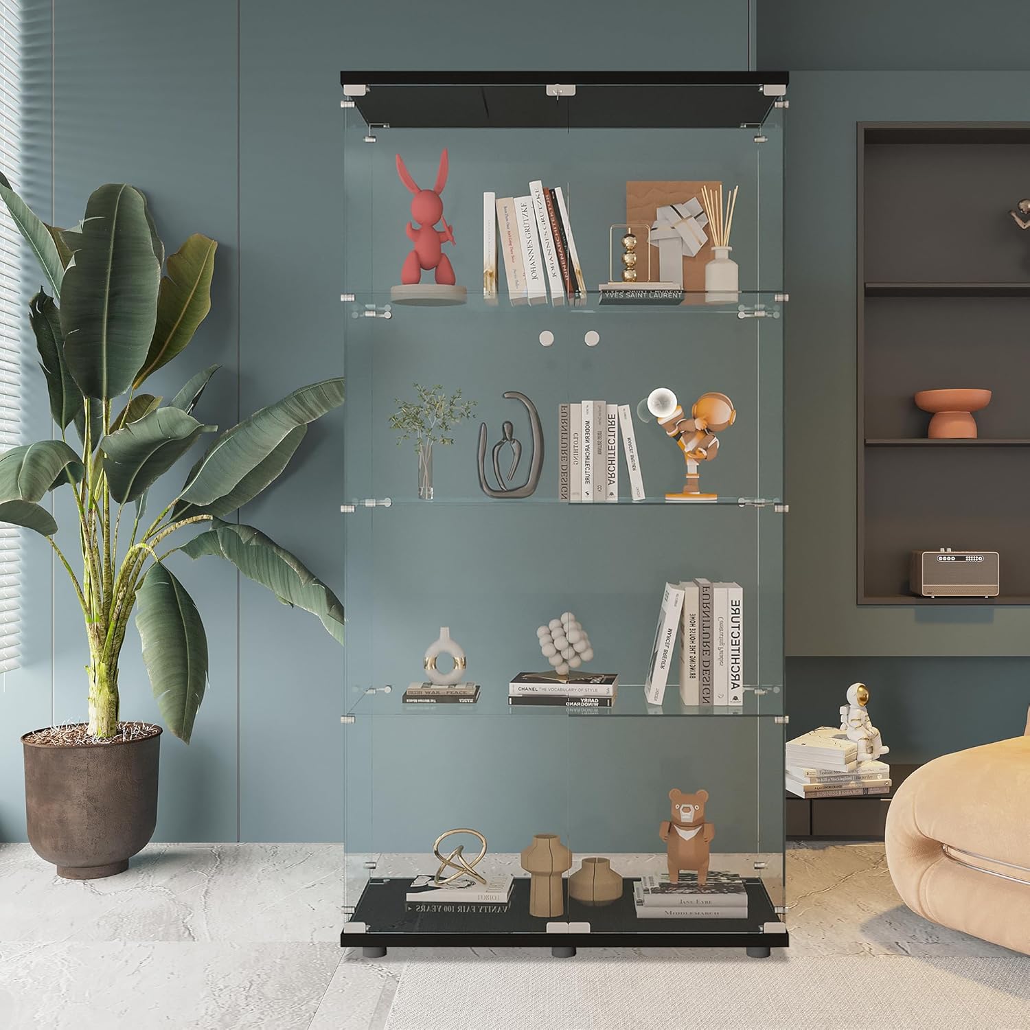 ガラス製ディスプレイキャビネット、棚4段、扉2枚付き、リビン - Home Office Living Room のレビューと価格